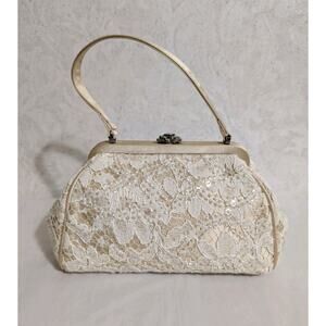 Talbots White Tan Lace Wedding Clutch Purse Bag Beaded